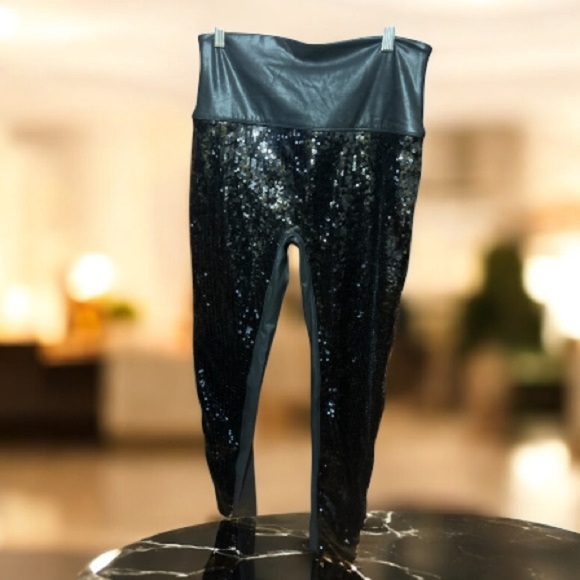 SPANX Black Shimmer Sequin High Waisted Leggings Sz XL Women - Picture 1 of 9